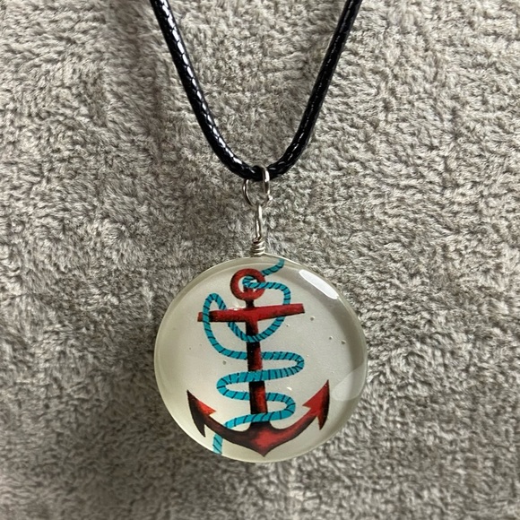 Anchor Nautical Beach Glass Dome Necklace & Earrings Set - Picture 3 of 6